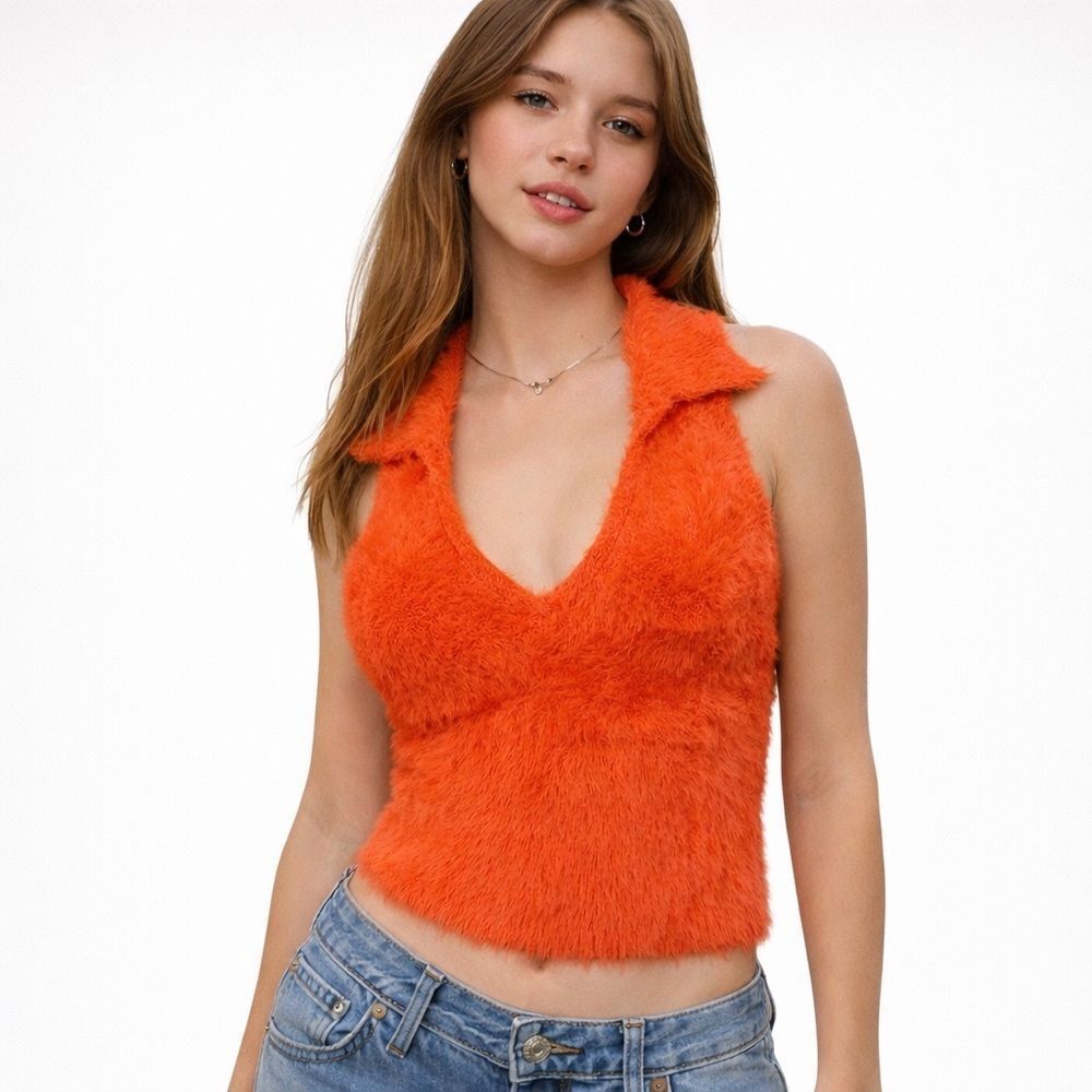 Day + Moon Orange Fuzzy Collared Crop Vest Top Women Small Y2K Halter Knit